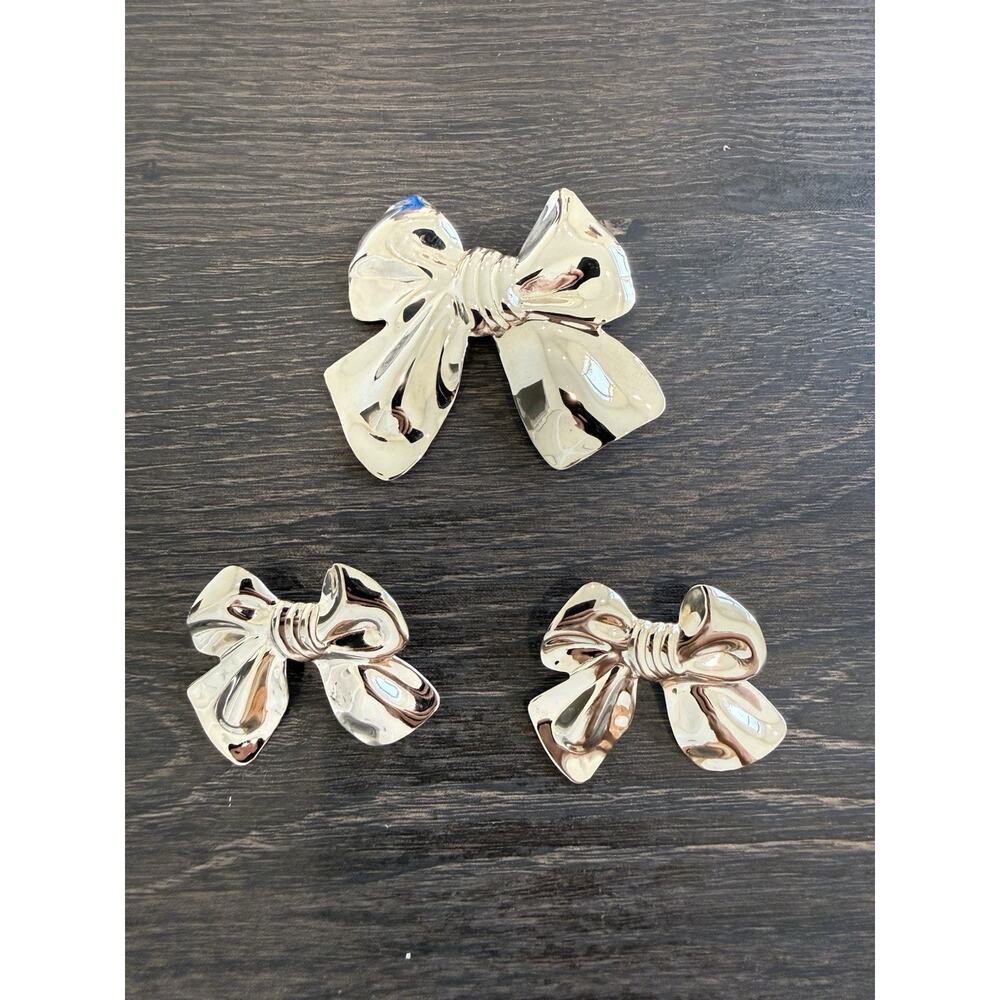 Vintage Gold Tone Bow Brooch & Earrings Set Large Statement 80s